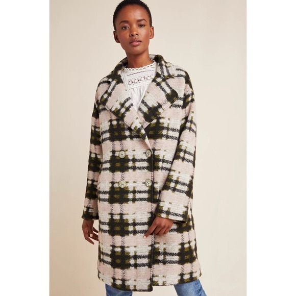 Anthropologie EVA FRANCO Dean Plaid Coat Wool Blend Pockets Double Breast Small